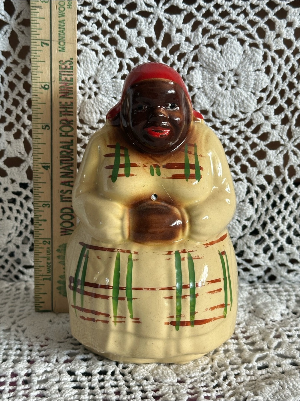 Vintage Ceramic Novelty Mammy String Holder, MCM Black Americana 6.5
